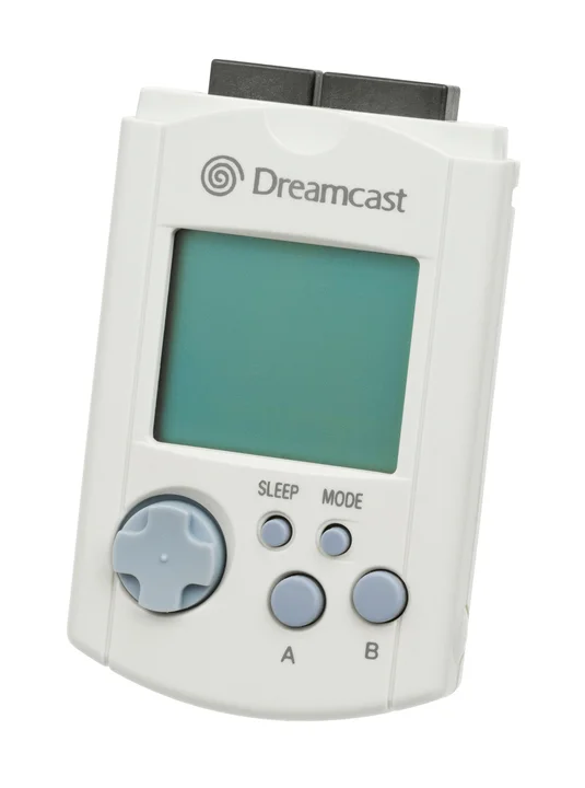 The Dreamcast VMU memory card, with its small screen, d-pad and buttons