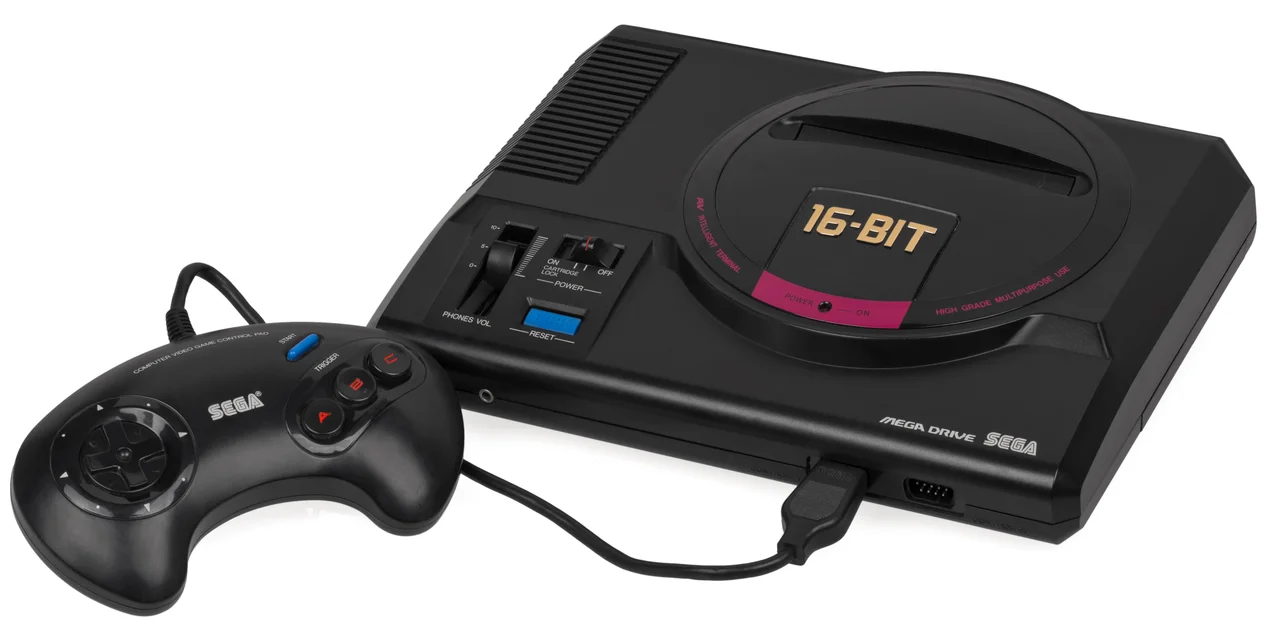 A Japanese Sega Mega Drive with its three-button controller