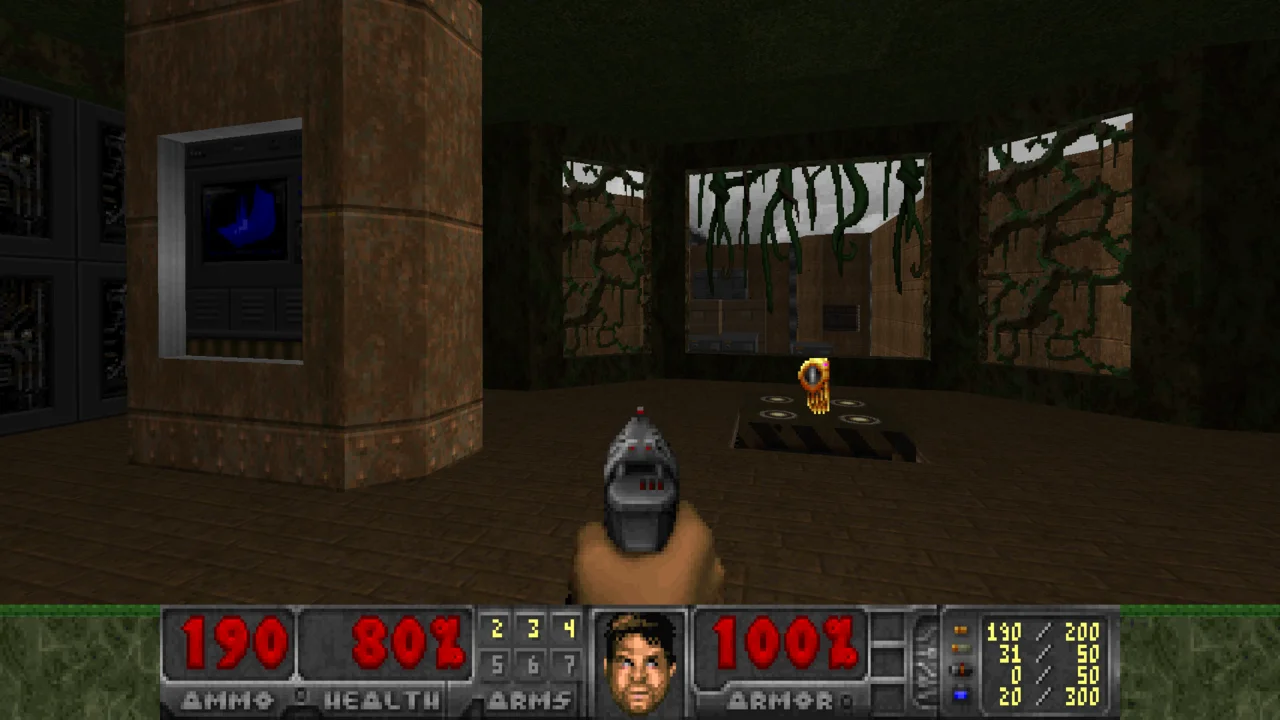 Freedoom running in a modern Doom source port: a green-lit corridor and the classic status bar