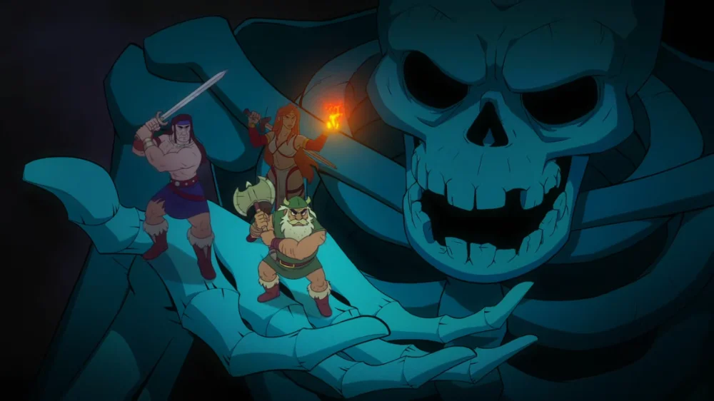 Ax Battler, Tyris Flare and Gilius Thunderhead standing on a giant skeleton's hand, from the Golden Axe animated series