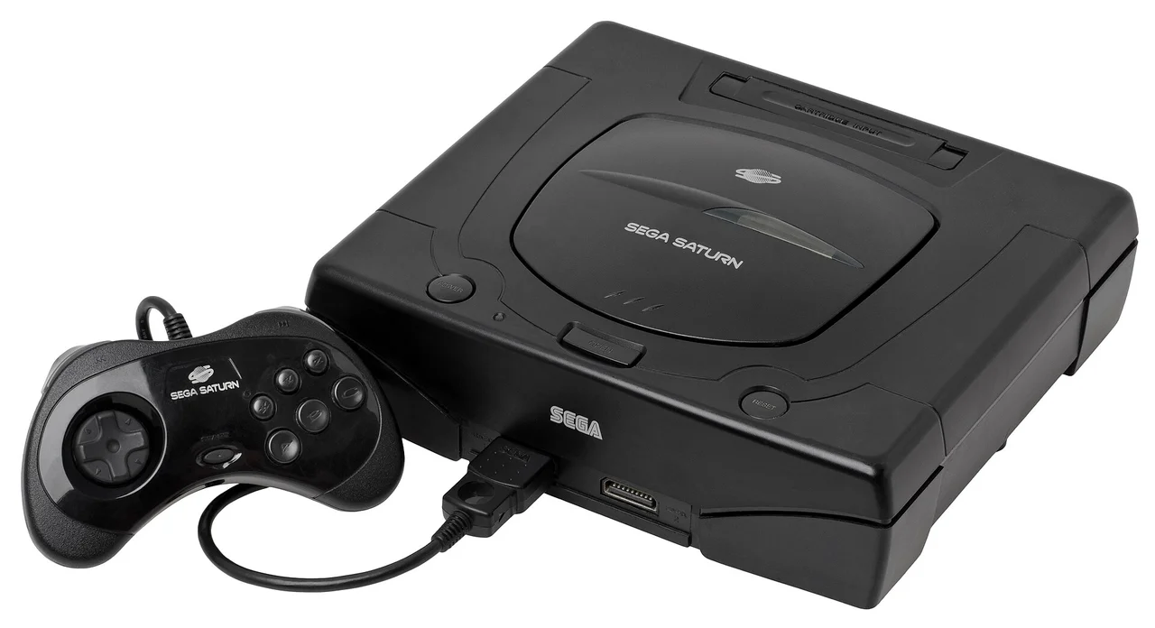 A US Sega Saturn console shown with its controller