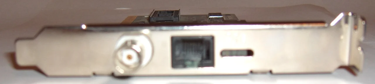 A network card with both a BNC coaxial port and an RJ45 twisted pair port