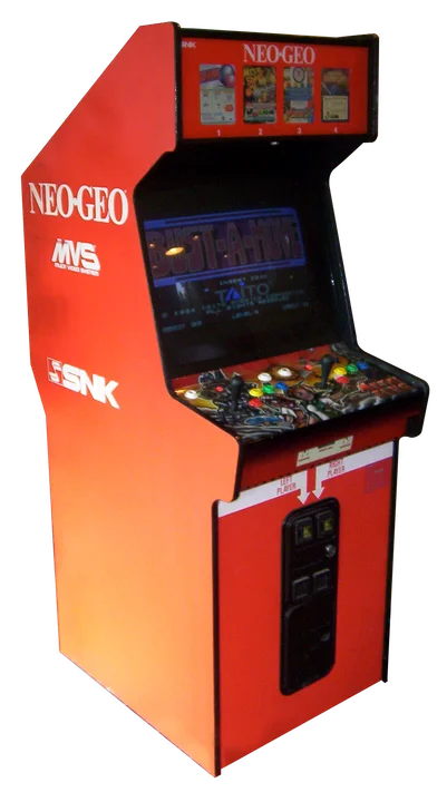 A Neo Geo MVS arcade cabinet, powered on