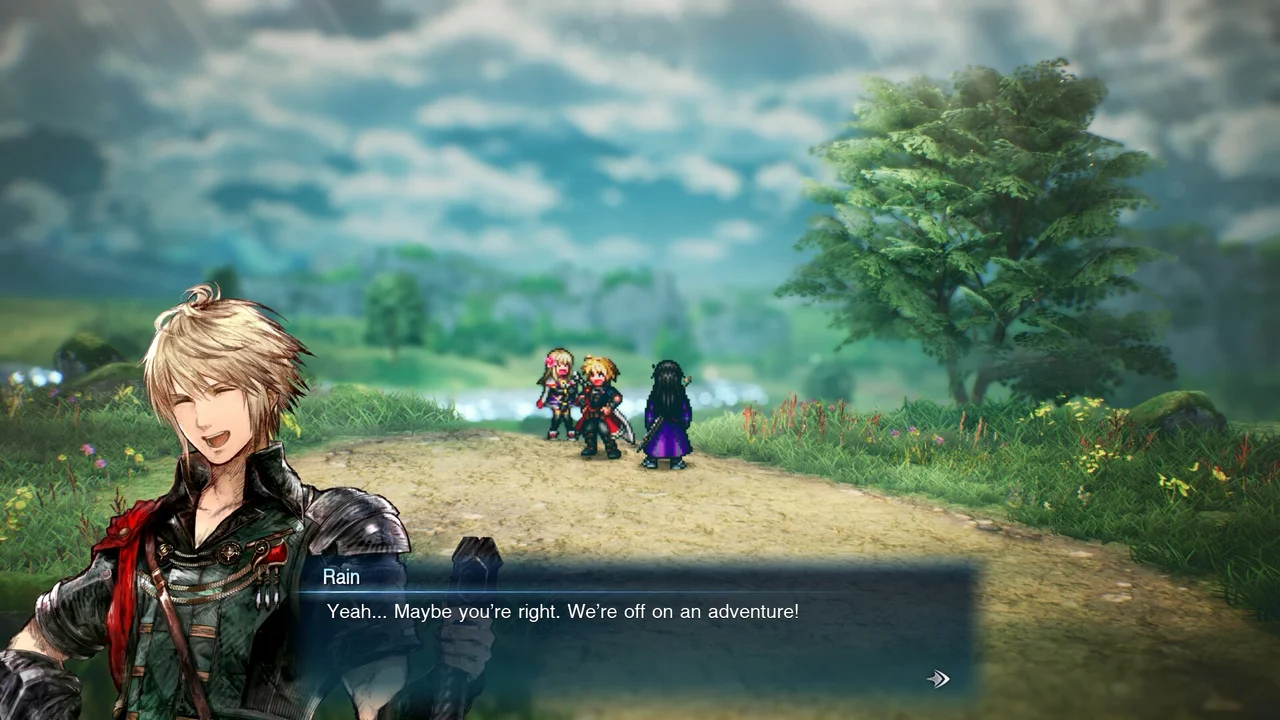 Rain, one of the two leads, in a dialogue box beside a pixel-art party on a country road