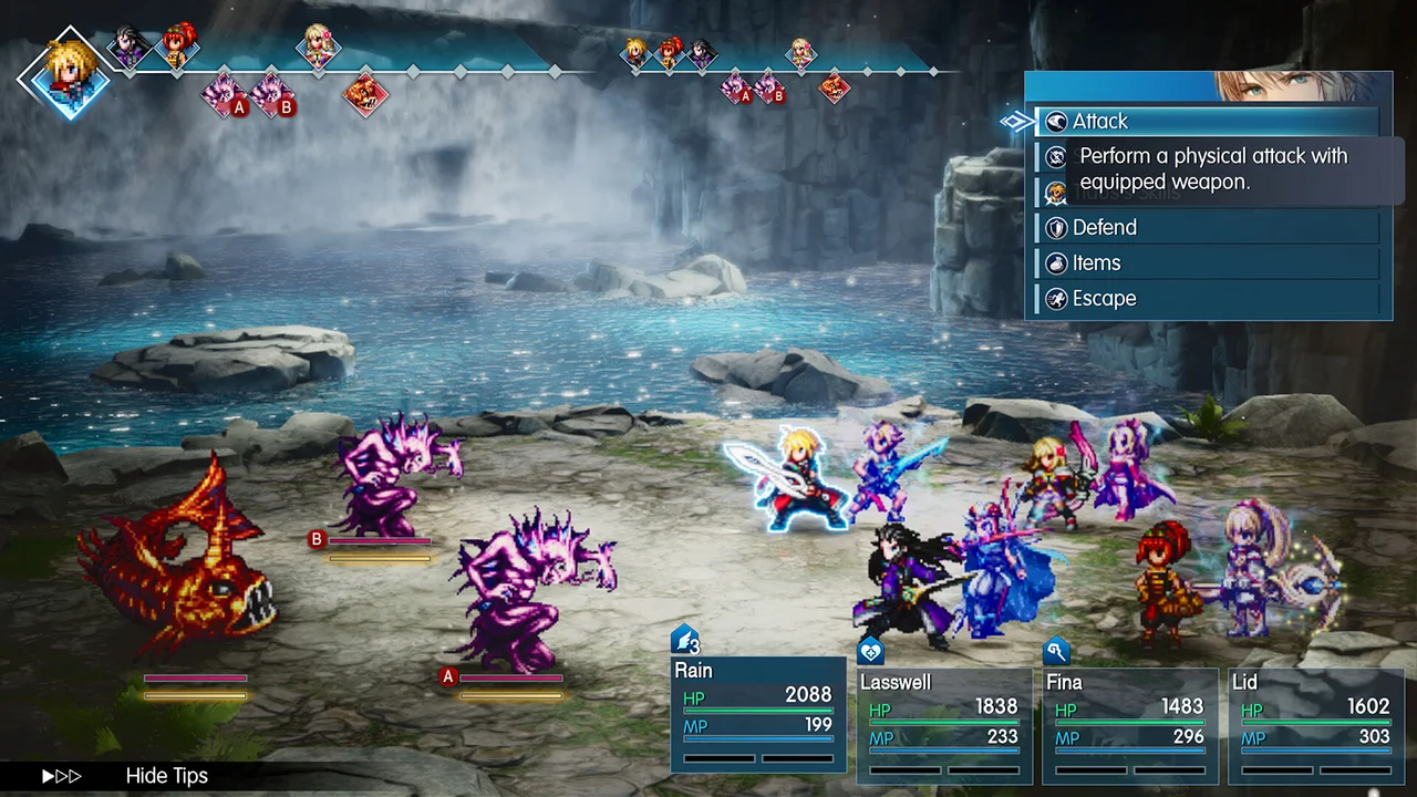 A turn-based battle in HD-2D pixel art: the turn order runs along the top, the command menu on the right and the party's HP and MP along the bottom