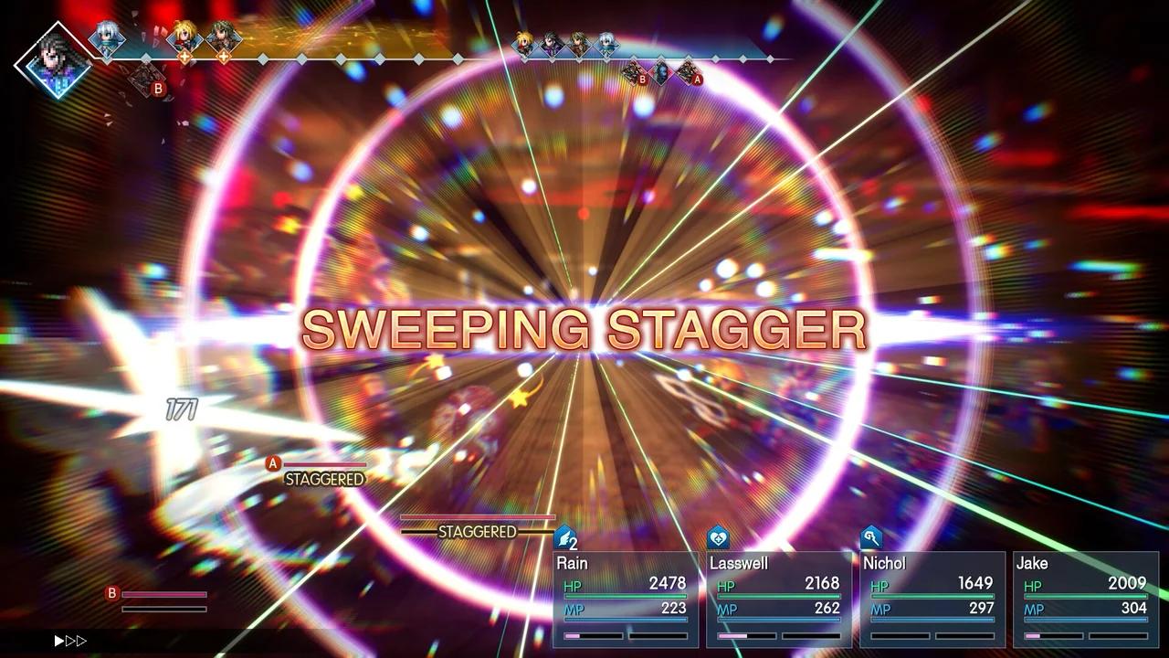 A burst of light with SWEEPING STAGGER written across the screen during a battle