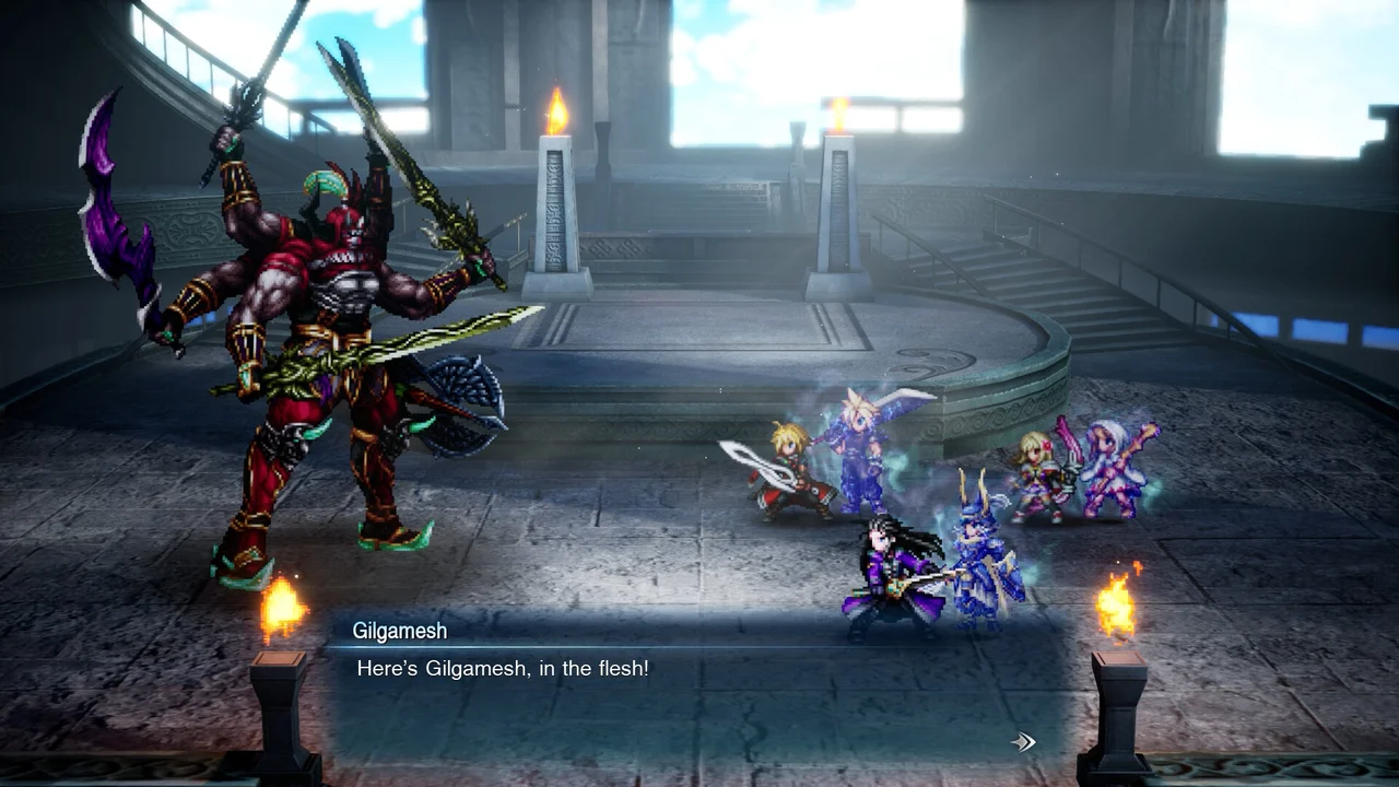 Gilgamesh, a towering red-armoured warrior, faces the party on a castle bridge