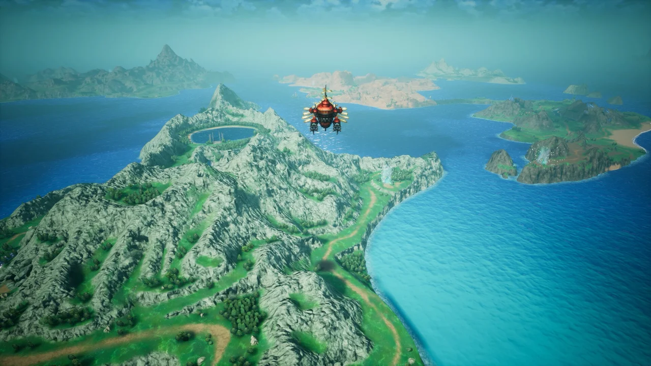 An airship flying over a green island and blue sea on the world map