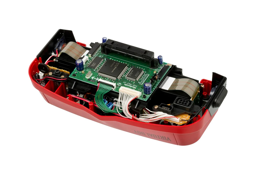 The Virtual Boy's headset with the bottom casing removed, showing the internal eyepiece mechanism