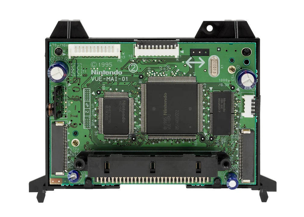 The Virtual Boy's motherboard laid flat, showing the NEC V810 CPU and surrounding chips