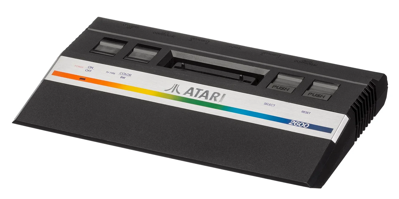 The Atari 2600 Jr, a small black cost-reduced 2600
