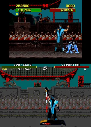 Mortal Kombat on Super Nintendo with grey sweat, above the Mega Drive version with red blood